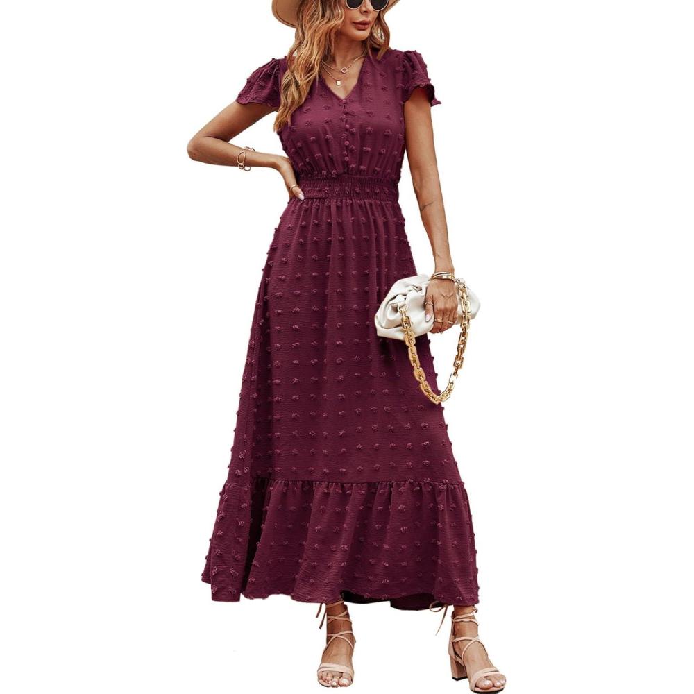imagePRETTYGARDEN Womens Dresses 2026 Summer Maxi Dress Boho Short Sleeve V Neck Swiss Dot Ruffle Tiered Smocked Flowy Long DressWine Red