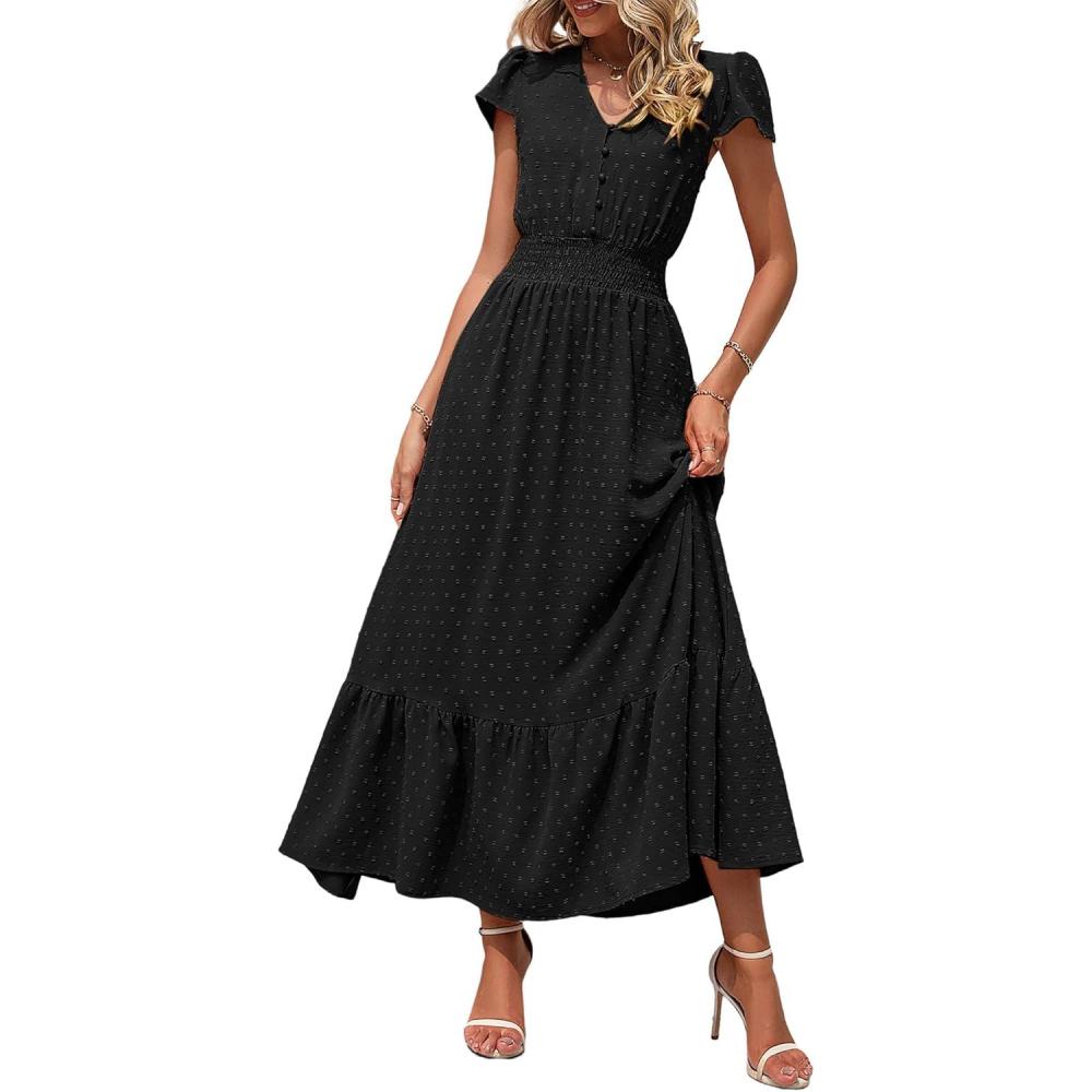 imagePRETTYGARDEN Womens Dresses 2026 Summer Maxi Dress Boho Short Sleeve V Neck Swiss Dot Ruffle Tiered Smocked Flowy Long DressZ02black