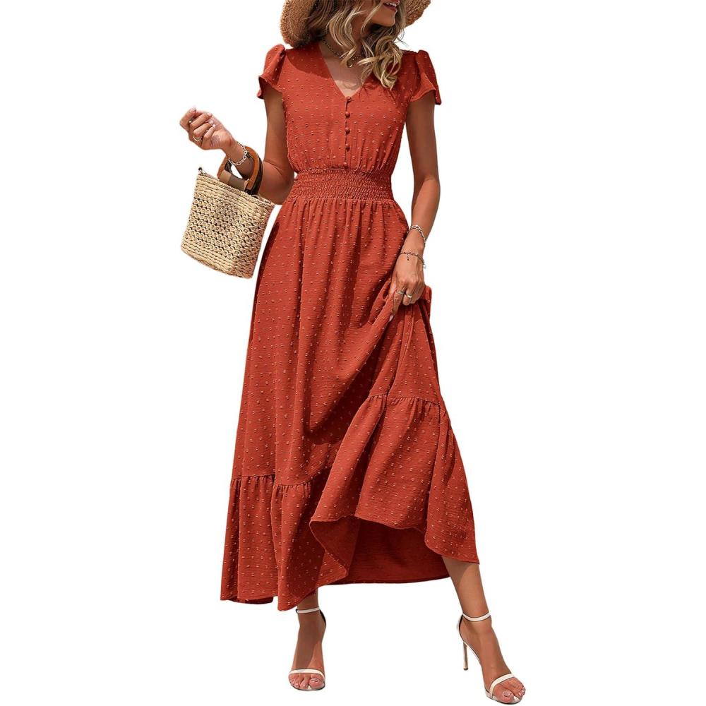 imagePRETTYGARDEN Womens Dresses 2026 Summer Maxi Dress Boho Short Sleeve V Neck Swiss Dot Ruffle Tiered Smocked Flowy Long DressZ02burnt Orange