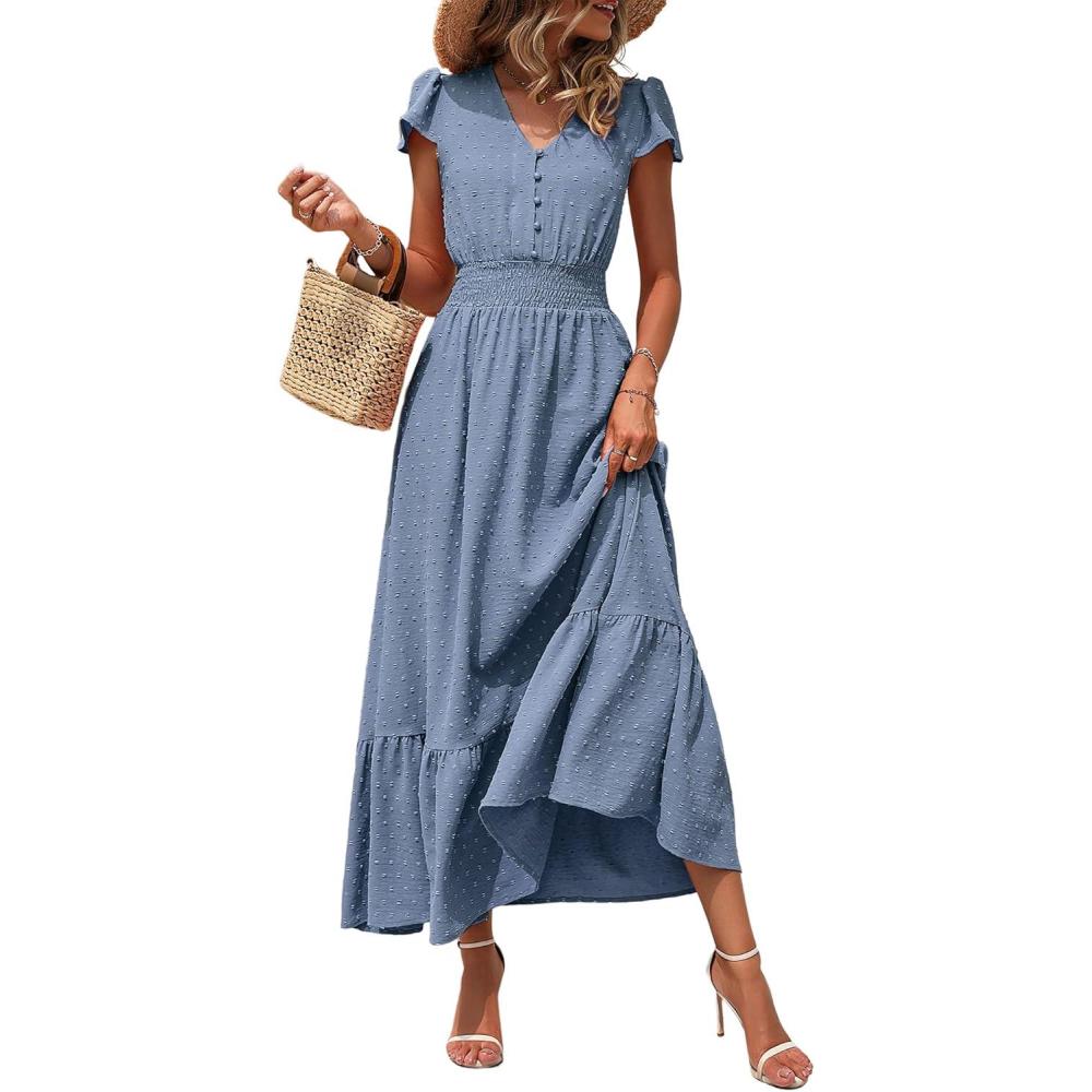 imagePRETTYGARDEN Womens Dresses 2026 Summer Maxi Dress Boho Short Sleeve V Neck Swiss Dot Ruffle Tiered Smocked Flowy Long DressZ02grey Blue