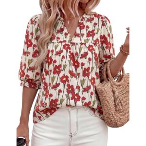 PRETTYGARDEN Women’s 2026 Summer Floral Blouses Dressy Casual Half Sleeve V Neck Going Out Boho Tops Spring Fashion Clothing(Floral Apricot Red)