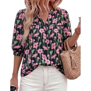 PRETTYGARDEN Women’s 2026 Summer Floral Blouses Dressy Casual Half Sleeve V Neck Going Out Boho Tops Spring Fashion Clothing(Floral Black Pink)
