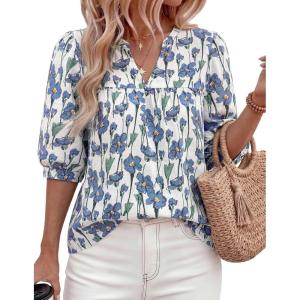 PRETTYGARDEN Women’s 2026 Summer Floral Blouses Dressy Casual Half Sleeve V Neck Going Out Boho Tops Spring Fashion Clothing(Floral White Blue)