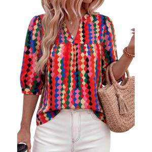 PRETTYGARDEN Women’s 2026 Summer Floral Blouses Dressy Casual Half Sleeve V Neck Going Out Boho Tops Spring Fashion Clothing(Multicolored)