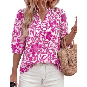 PRETTYGARDEN Women’s 2026 Summer Floral Blouses Dressy Casual Half Sleeve V Neck Going Out Boho Tops Spring Fashion Clothing(Rose Red)