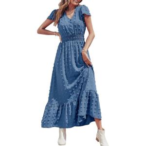 PRETTYGARDEN Womens Dresses 2026 Summer Maxi Dress Boho Short Sleeve V Neck Swiss Dot Ruffle Tiered Smocked Flowy Long Dress(A-blue)