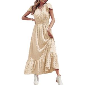 PRETTYGARDEN Womens Dresses 2026 Summer Maxi Dress Boho Short Sleeve V Neck Swiss Dot Ruffle Tiered Smocked Flowy Long Dress(Apricot)