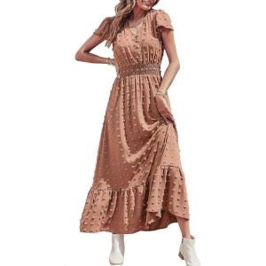 PRETTYGARDEN Womens Dresses 2026 Summer Maxi Dress Boho Short Sleeve V Neck Swiss Dot Ruffle Tiered Smocked Flowy Long Dress(Brown)