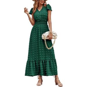 PRETTYGARDEN Womens Dresses 2026 Summer Maxi Dress Boho Short Sleeve V Neck Swiss Dot Ruffle Tiered Smocked Flowy Long Dress(Dark Green)