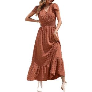 PRETTYGARDEN Womens Dresses 2026 Summer Maxi Dress Boho Short Sleeve V Neck Swiss Dot Ruffle Tiered Smocked Flowy Long Dress(Orange Red)