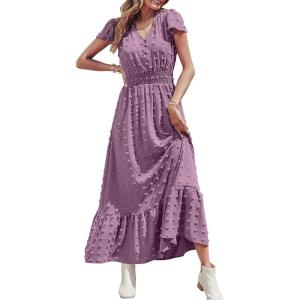 PRETTYGARDEN Womens Dresses 2026 Summer Maxi Dress Boho Short Sleeve V Neck Swiss Dot Ruffle Tiered Smocked Flowy Long Dress(Purple)
