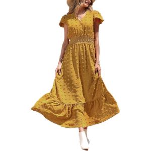 PRETTYGARDEN Womens Dresses 2026 Summer Maxi Dress Boho Short Sleeve V Neck Swiss Dot Ruffle Tiered Smocked Flowy Long Dress(Yellow)