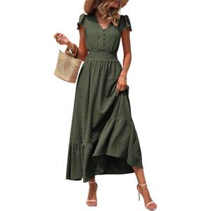 PRETTYGARDEN Womens Dresses 2026 Summer Maxi Dress Boho Short Sleeve V Neck Swiss Dot Ruffle Tiered Smocked Flowy Long Dress(Z02-army Green)