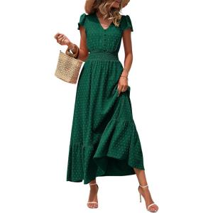 PRETTYGARDEN Womens Dresses 2026 Summer Maxi Dress Boho Short Sleeve V Neck Swiss Dot Ruffle Tiered Smocked Flowy Long Dress(Z02-dark Green)