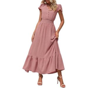 PRETTYGARDEN Womens Dresses 2026 Summer Maxi Dress Boho Short Sleeve V Neck Swiss Dot Ruffle Tiered Smocked Flowy Long Dress(Z02-pink)