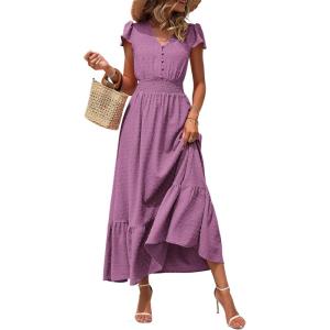 PRETTYGARDEN Womens Dresses 2026 Summer Maxi Dress Boho Short Sleeve V Neck Swiss Dot Ruffle Tiered Smocked Flowy Long Dress(Z02-purple)