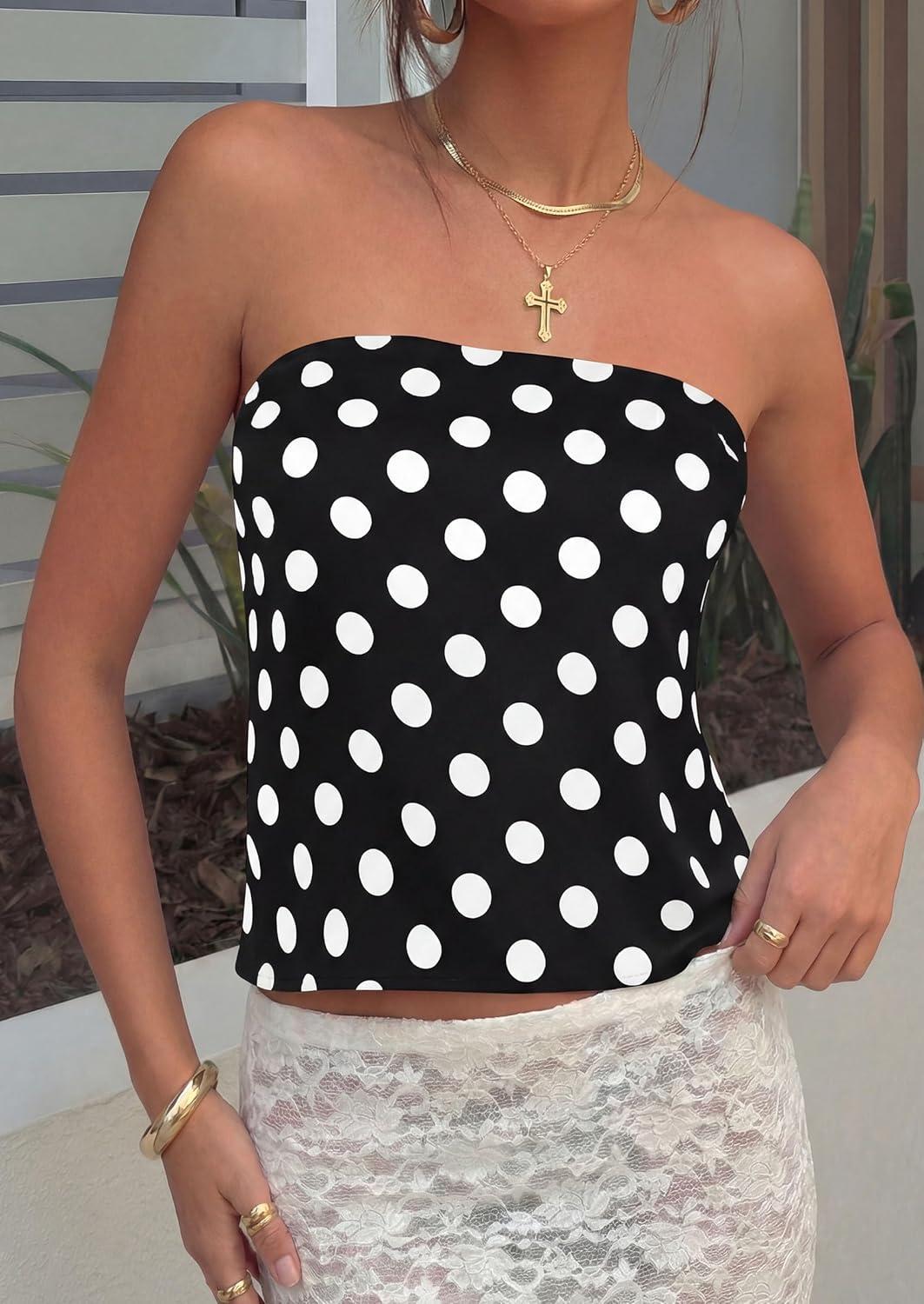 imagePRETTYGARDEN Strapless Tube Tops for Women 2026 Summer Sleeveless Backless Polka Dot Going Out Top Bandeau Cute Y2k ShirtDot Black White