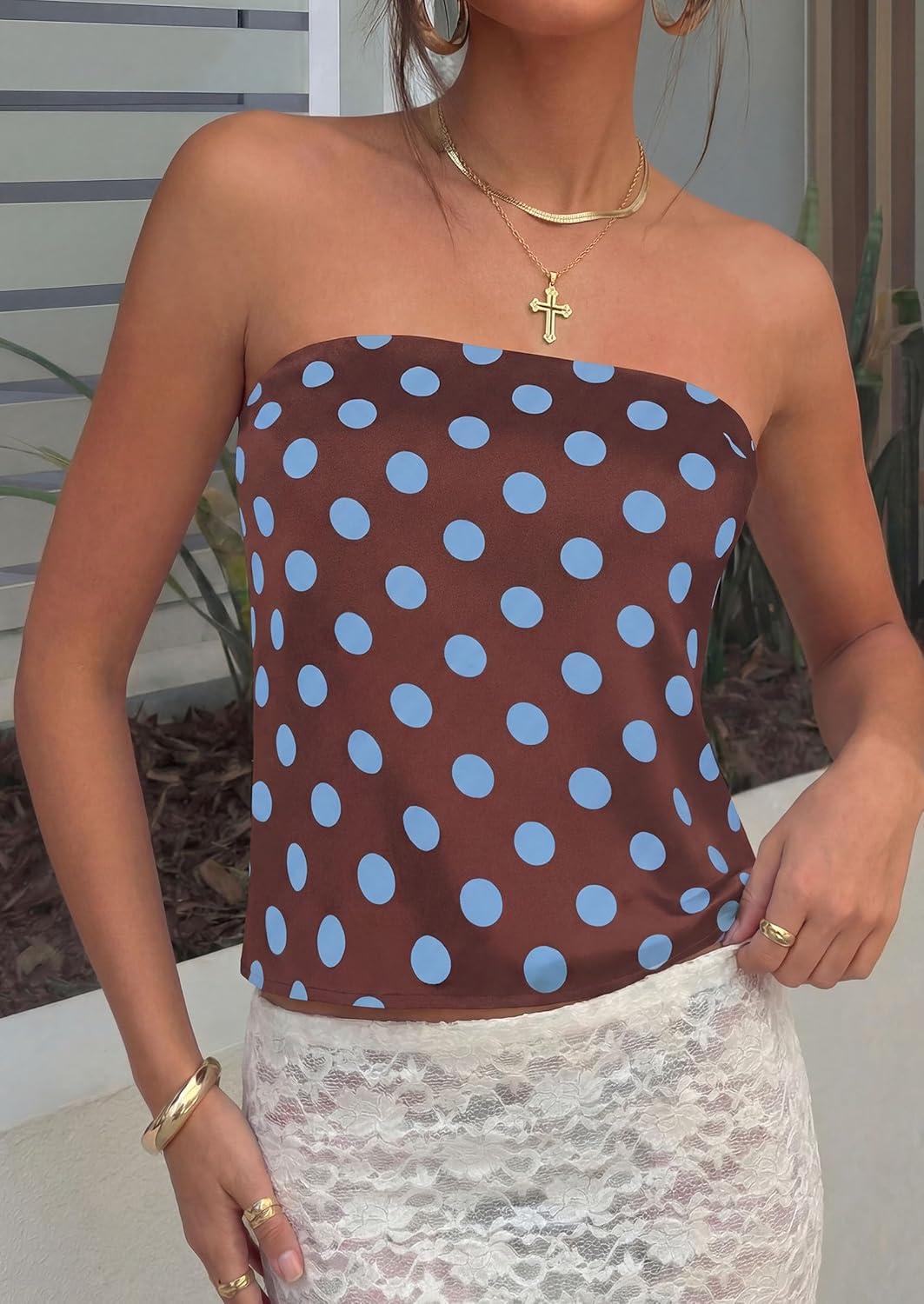 imagePRETTYGARDEN Strapless Tube Tops for Women 2026 Summer Sleeveless Backless Polka Dot Going Out Top Bandeau Cute Y2k ShirtDot Brown Blue