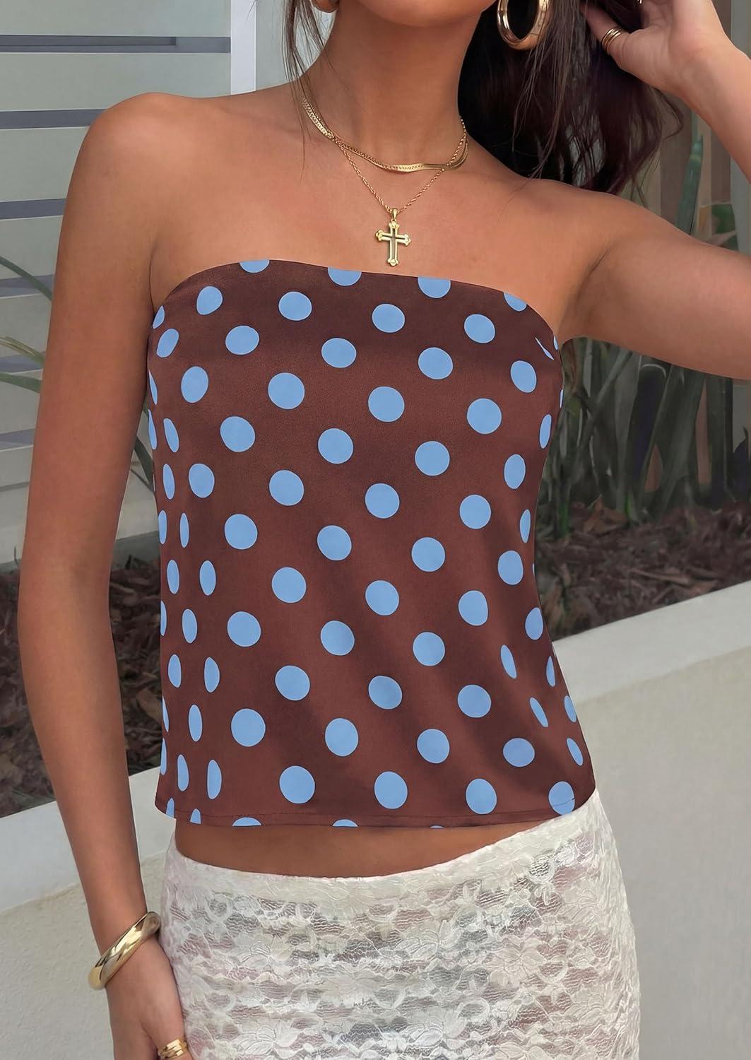 imagePRETTYGARDEN Strapless Tube Tops for Women 2026 Summer Sleeveless Backless Polka Dot Going Out Top Bandeau Cute Y2k ShirtDot Brown Blue
