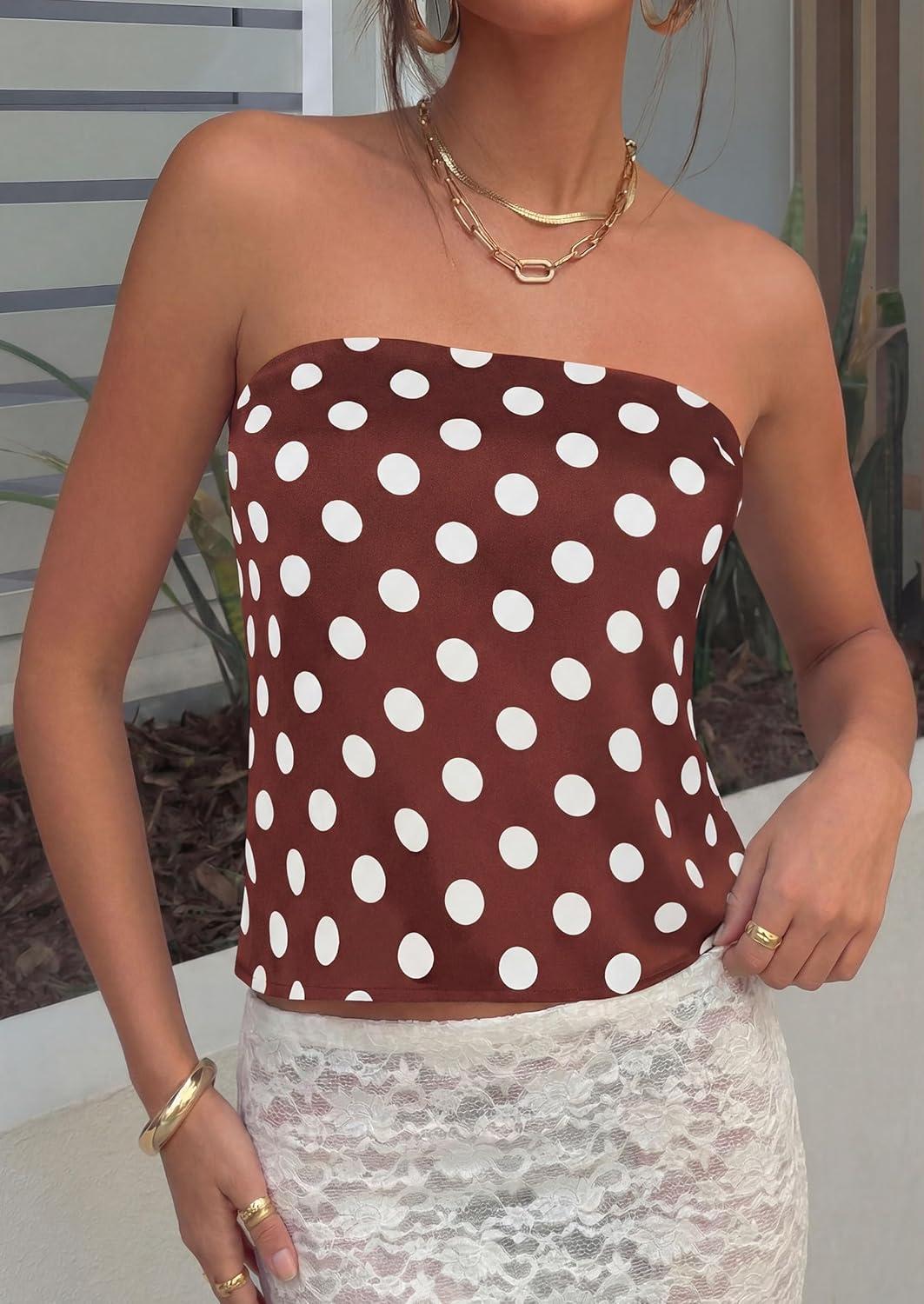 imagePRETTYGARDEN Strapless Tube Tops for Women 2026 Summer Sleeveless Backless Polka Dot Going Out Top Bandeau Cute Y2k ShirtDot Brown White