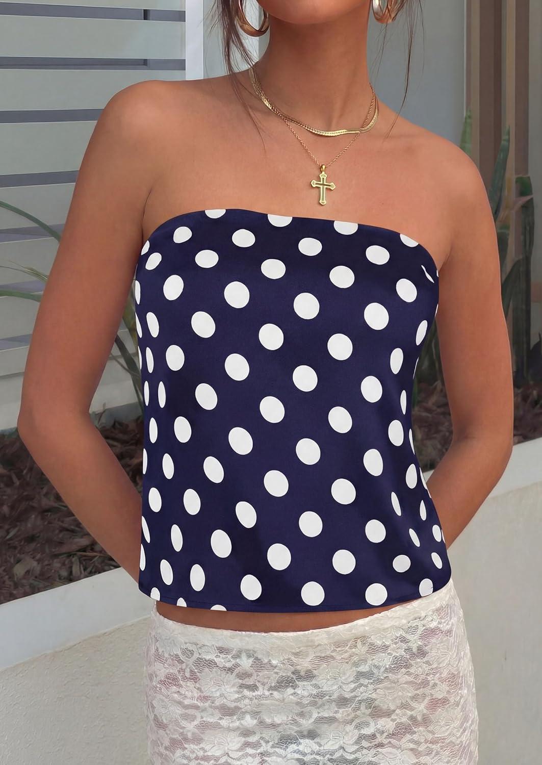 imagePRETTYGARDEN Strapless Tube Tops for Women 2026 Summer Sleeveless Backless Polka Dot Going Out Top Bandeau Cute Y2k ShirtDot Dark Blue White