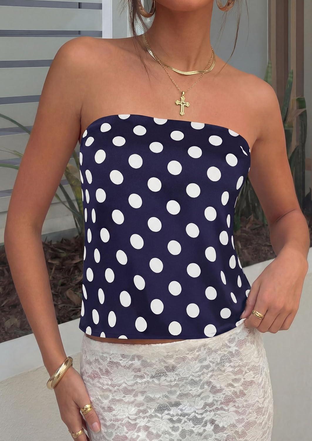 imagePRETTYGARDEN Strapless Tube Tops for Women 2026 Summer Sleeveless Backless Polka Dot Going Out Top Bandeau Cute Y2k ShirtDot Dark Blue White
