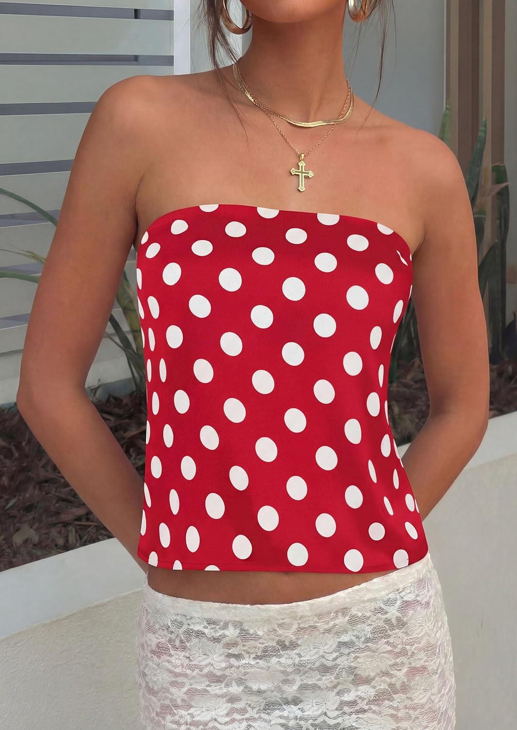 imagePRETTYGARDEN Strapless Tube Tops for Women 2026 Summer Sleeveless Backless Polka Dot Going Out Top Bandeau Cute Y2k ShirtDot Red White
