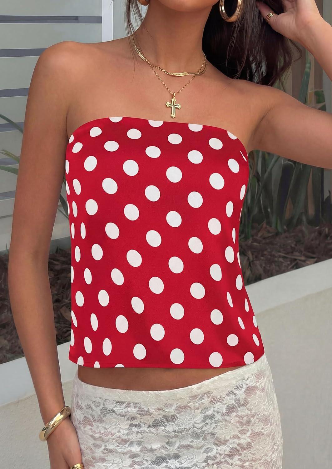 imagePRETTYGARDEN Strapless Tube Tops for Women 2026 Summer Sleeveless Backless Polka Dot Going Out Top Bandeau Cute Y2k ShirtDot Red White