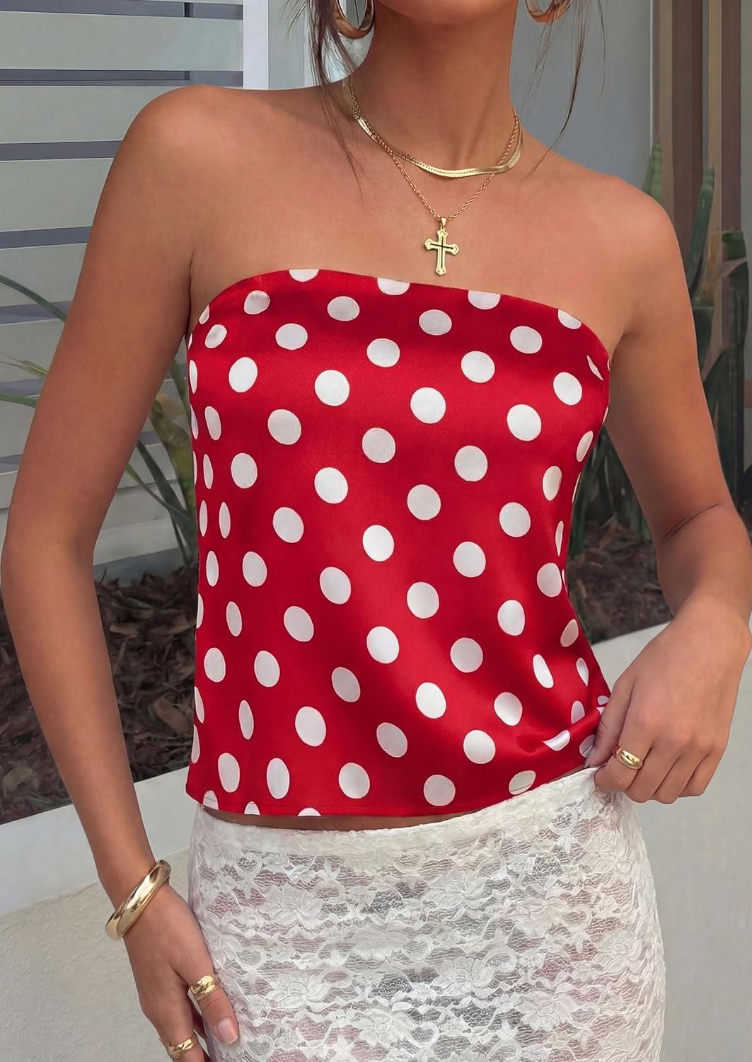 imagePRETTYGARDEN Strapless Tube Tops for Women 2026 Summer Sleeveless Backless Polka Dot Going Out Top Bandeau Cute Y2k ShirtDot Red White