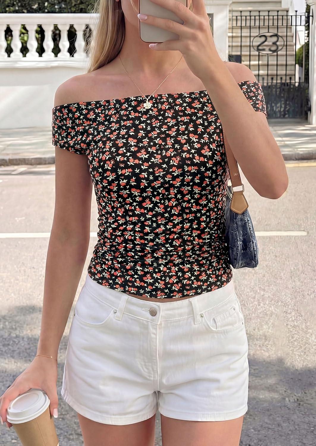 imagePRETTYGARDEN Womens Off The Shoulder Tops 2026 Summer Y2K Clothes Going Out Shirts Ruched Tank Top Date Night OutfitsFloral Black Orange