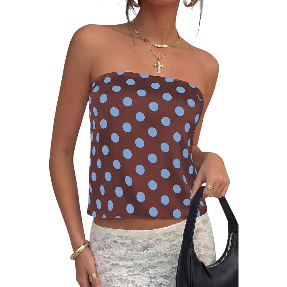 imagePRETTYGARDEN Strapless Tube Tops for Women 2026 Summer Sleeveless Backless Polka Dot Going Out Top Bandeau Cute Y2k ShirtDot Brown Blue