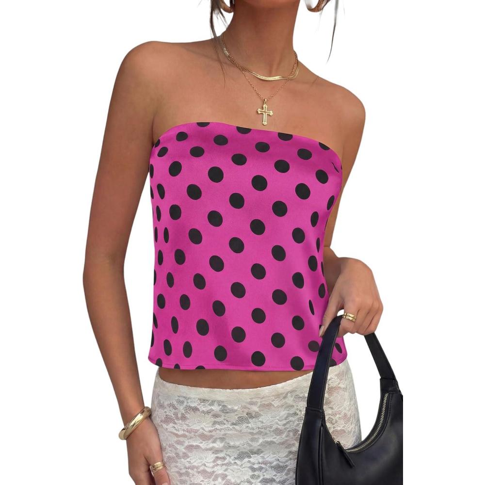 imagePRETTYGARDEN Strapless Tube Tops for Women 2026 Summer Sleeveless Backless Polka Dot Going Out Top Bandeau Cute Y2k ShirtDot Rose Red Black