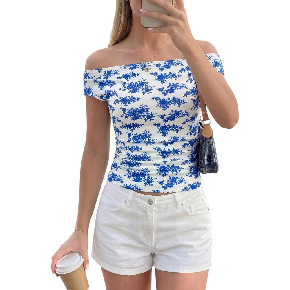 imagePRETTYGARDEN Womens Off The Shoulder Tops 2026 Summer Y2K Clothes Going Out Shirts Ruched Tank Top Date Night OutfitsFloral White Blue