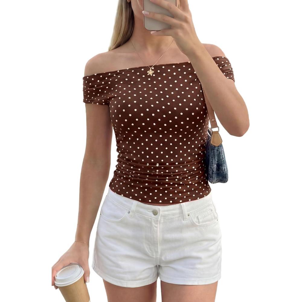 imagePRETTYGARDEN Womens Off The Shoulder Tops 2026 Summer Y2K Clothes Going Out Shirts Ruched Tank Top Date Night OutfitsPolka Dot Brown Beige
