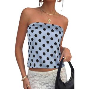 PRETTYGARDEN Strapless Tube Tops for Women 2026 Summer Sleeveless Backless Polka Dot Going Out Top Bandeau Cute Y2k Shirt(Dot Blue Black)