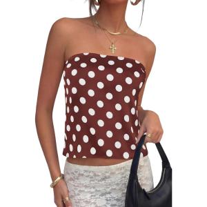 PRETTYGARDEN Strapless Tube Tops for Women 2026 Summer Sleeveless Backless Polka Dot Going Out Top Bandeau Cute Y2k Shirt(Dot Brown White)