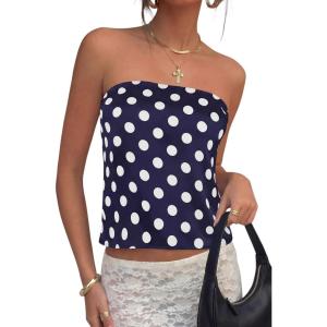 PRETTYGARDEN Strapless Tube Tops for Women 2026 Summer Sleeveless Backless Polka Dot Going Out Top Bandeau Cute Y2k Shirt(Dot Dark Blue White)