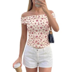 PRETTYGARDEN Womens Off The Shoulder Tops 2026 Summer Y2K Clothes Going Out Shirts Ruched Tank Top Date Night Outfits(Floral Beige Pink)