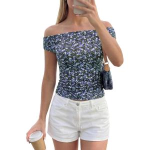 PRETTYGARDEN Womens Off The Shoulder Tops 2026 Summer Y2K Clothes Going Out Shirts Ruched Tank Top Date Night Outfits(Floral Black Purple)