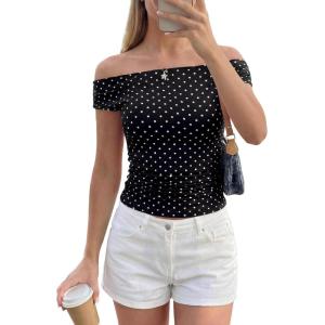PRETTYGARDEN Womens Off The Shoulder Tops 2026 Summer Y2K Clothes Going Out Shirts Ruched Tank Top Date Night Outfits(Polka Dot Black White)