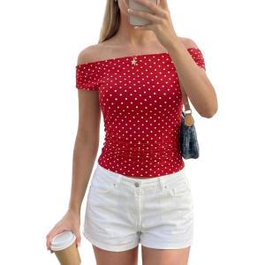 PRETTYGARDEN Womens Off The Shoulder Tops 2026 Summer Y2K Clothes Going Out Shirts Ruched Tank Top Date Night Outfits(Polka Dot Red White)
