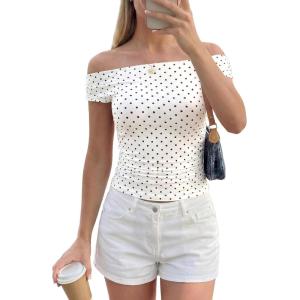 PRETTYGARDEN Womens Off The Shoulder Tops 2026 Summer Y2K Clothes Going Out Shirts Ruched Tank Top Date Night Outfits(Polka Dot White Black)