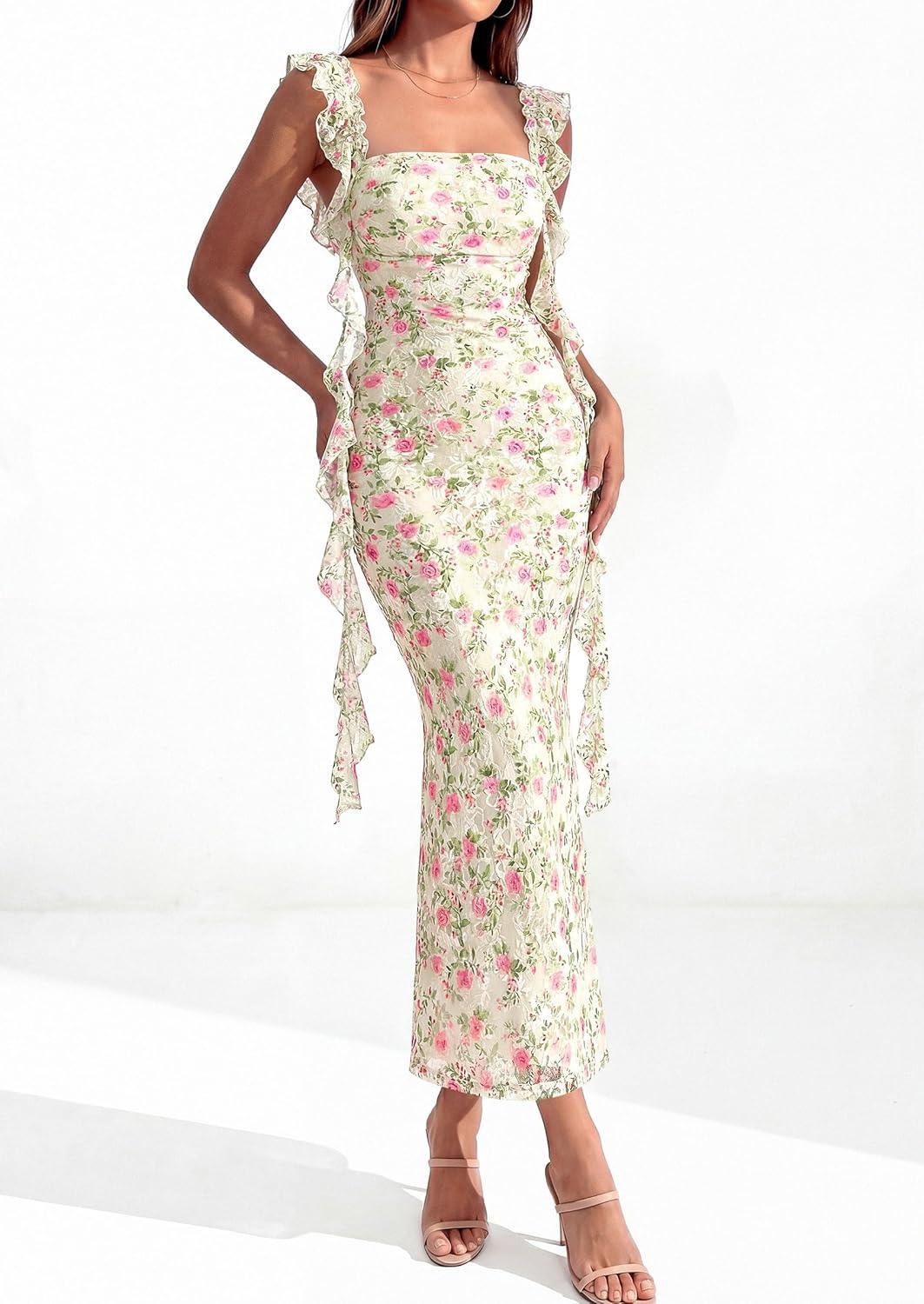 imagePRETTYGARDEN Womens Spring Formal Dress 2026 Summer Elegant Sleeveless Floral Lace Cocktail Wedding Guest Maxi Long DressesBeige Flowers