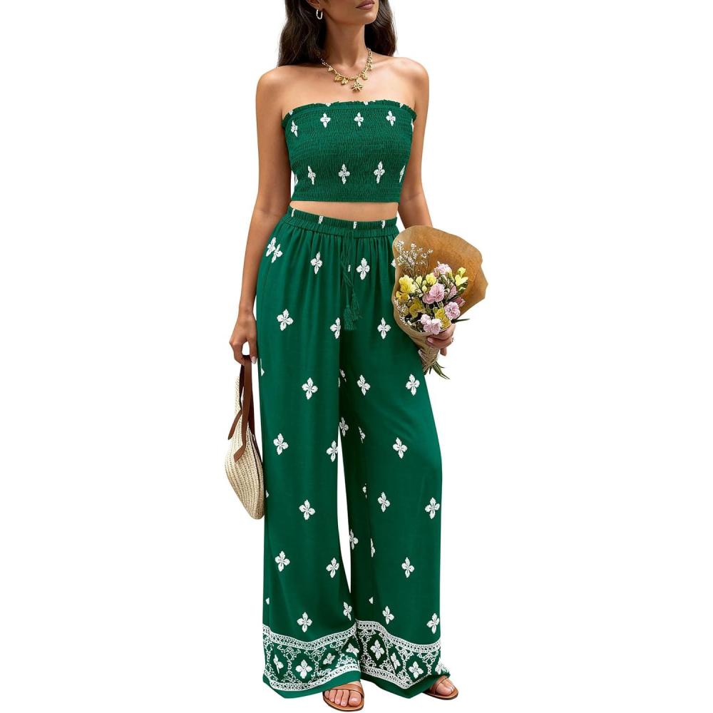 imagePRETTYGARDEN 2 Piece Sets for Women Summer 2026 Travel Outfits Print Tube Tops Wide Leg Pants Beach Vacation ClothesGreen