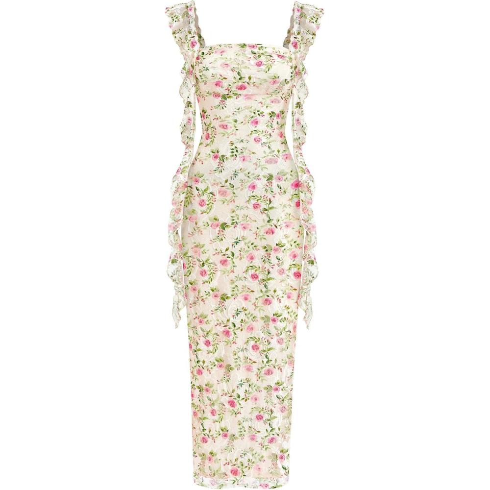 imagePRETTYGARDEN Womens Spring Formal Dress 2026 Summer Elegant Sleeveless Floral Lace Cocktail Wedding Guest Maxi Long DressesBeige Flowers