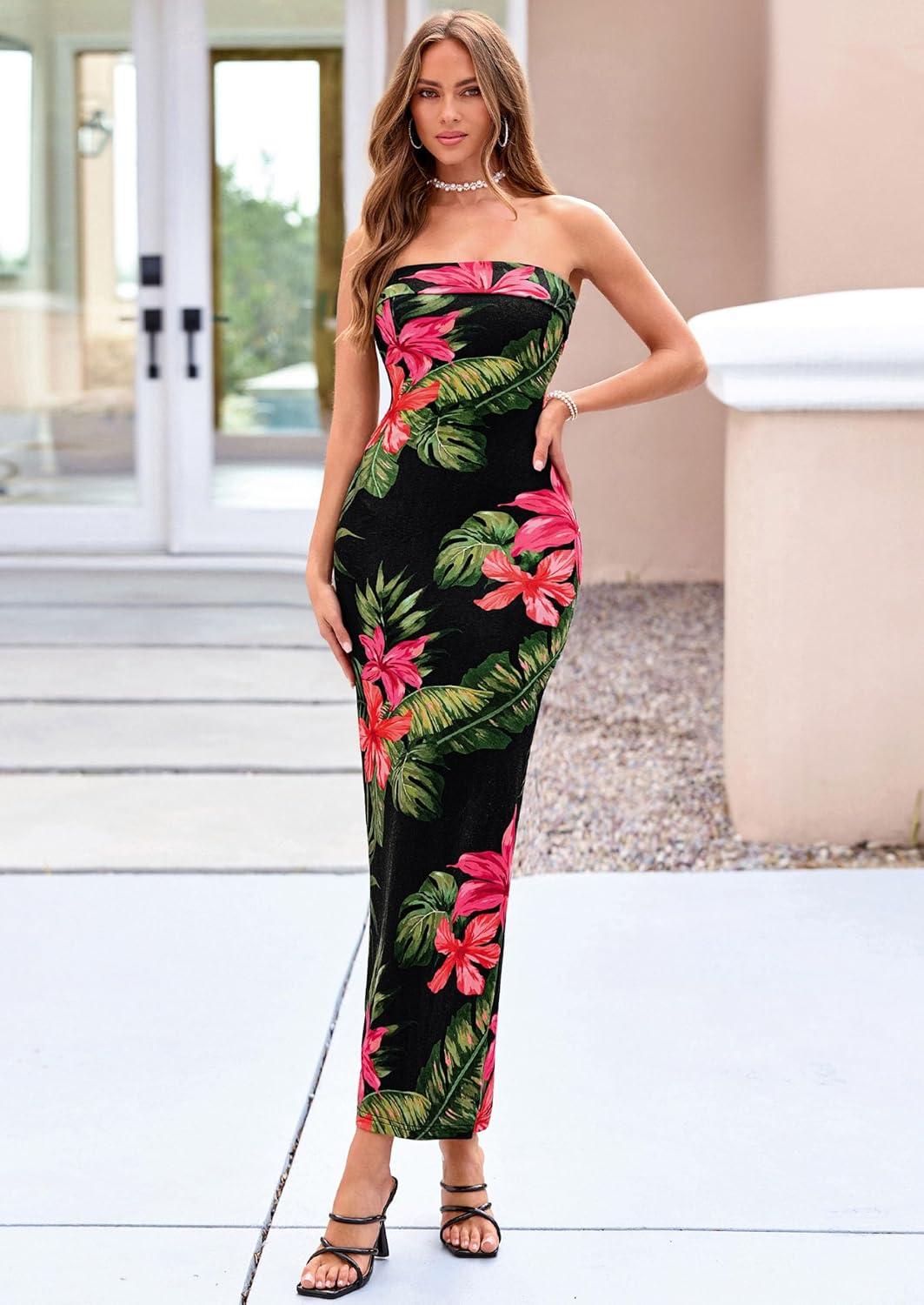 imagePRETTYGARDEN Bodycon Long Dresses for Women 2026 Strapless Tube Summer Floral Maxi Dress Sleeveless Back Slit Beach OutfitsFloral Black Red