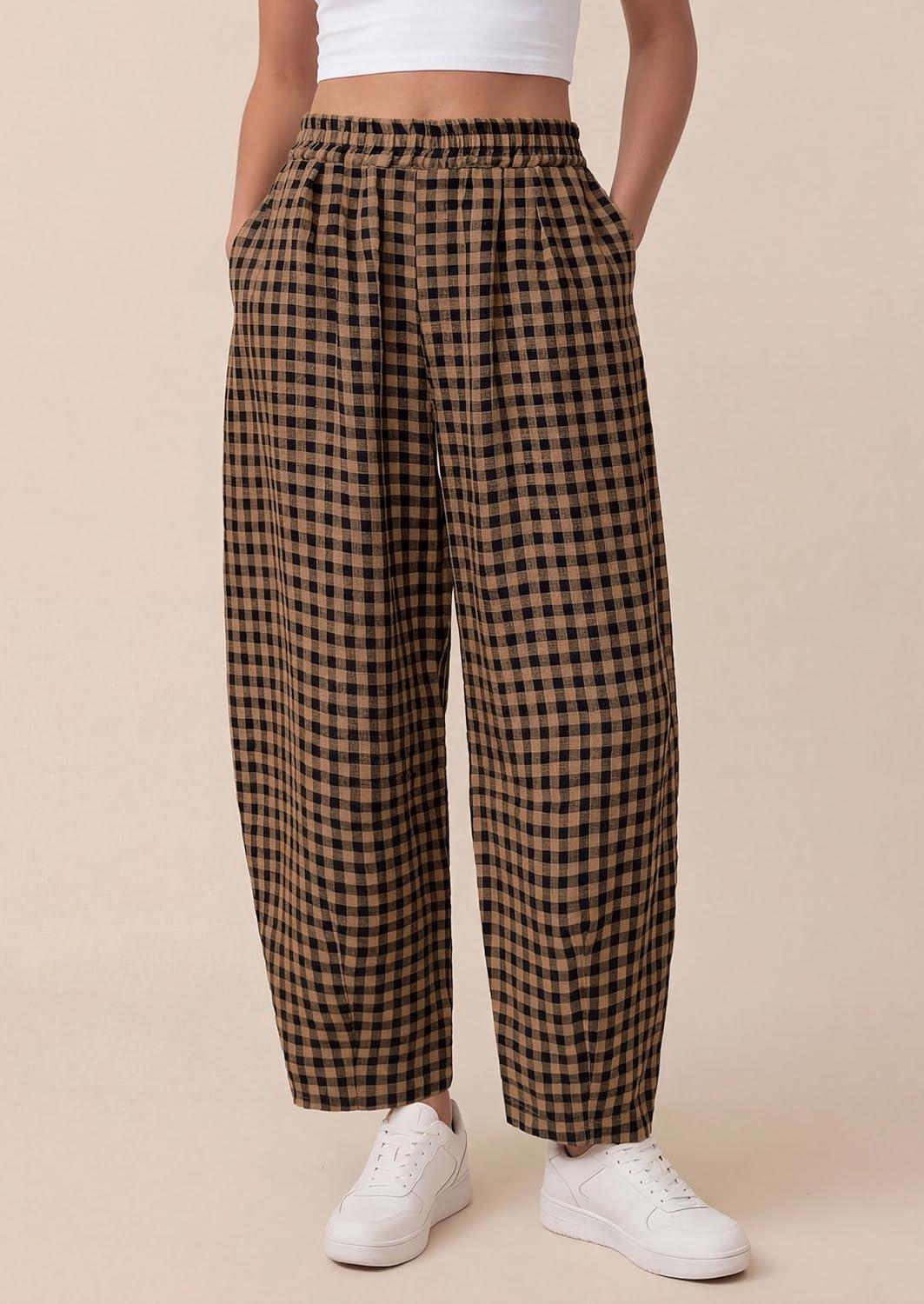 imagePRETTYGARDEN Plaid Barrel Pants Women Summer 2026 Casual Loose Wide Leg Lounge Gingham Trousers Spring Fashion Beach BottomsBlack Khaki Plaid