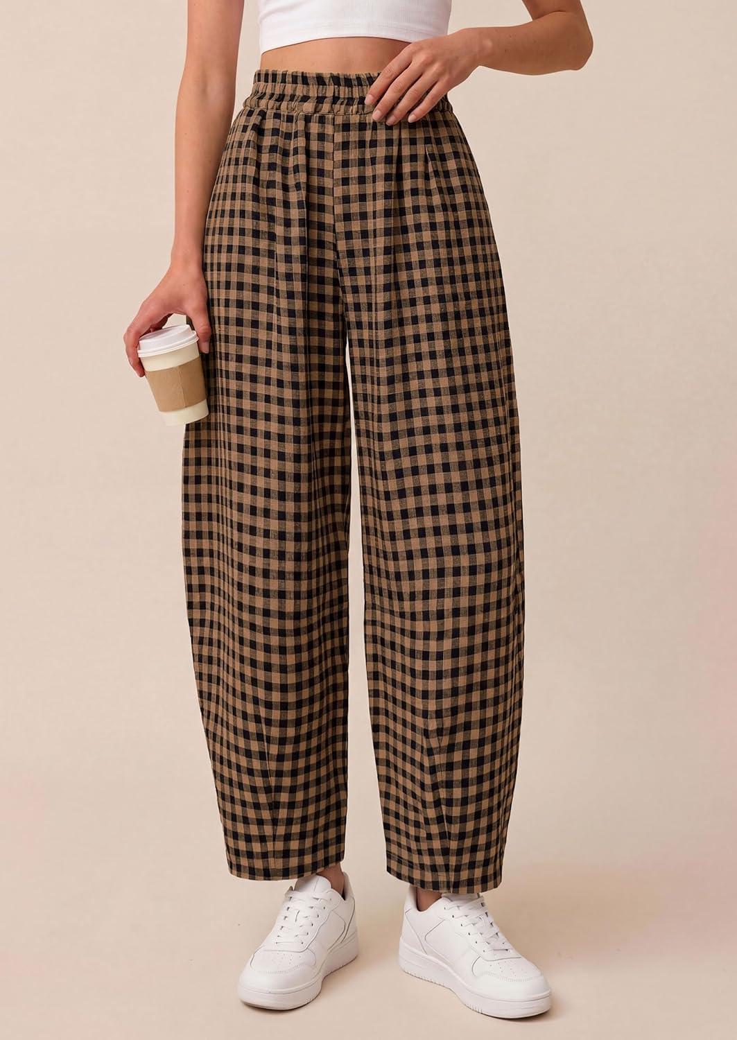 imagePRETTYGARDEN Plaid Barrel Pants Women Summer 2026 Casual Loose Wide Leg Lounge Gingham Trousers Spring Fashion Beach BottomsBlack Khaki Plaid