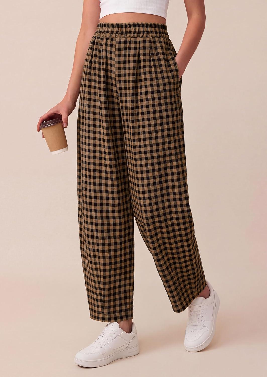 imagePRETTYGARDEN Plaid Barrel Pants Women Summer 2026 Casual Loose Wide Leg Lounge Gingham Trousers Spring Fashion Beach BottomsBlack Khaki Plaid