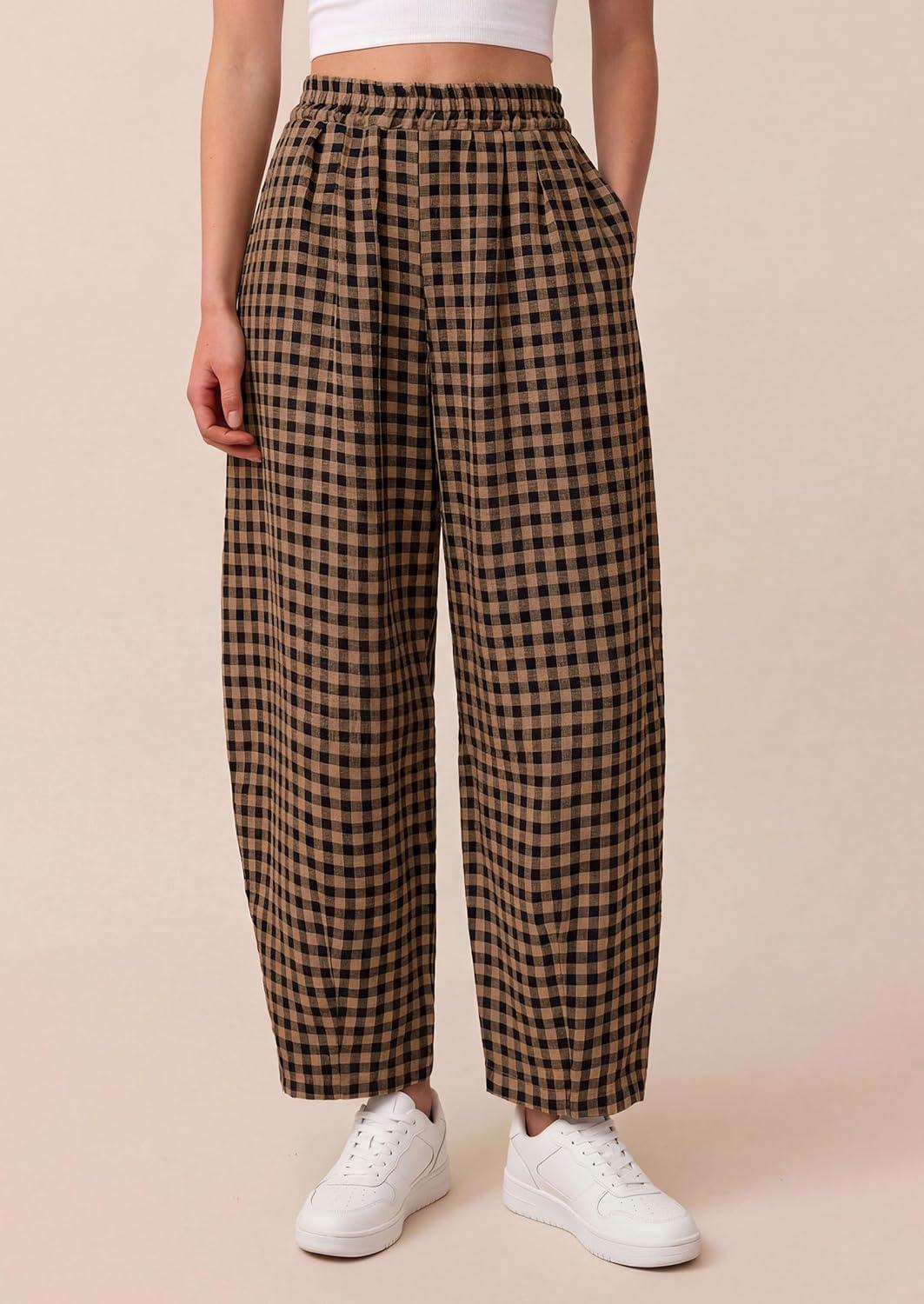 imagePRETTYGARDEN Plaid Barrel Pants Women Summer 2026 Casual Loose Wide Leg Lounge Gingham Trousers Spring Fashion Beach BottomsBlack Khaki Plaid